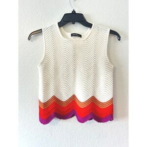 Boho Festival Hippie Cream Chevron Knit Sleeveless Top Scallop Hem Small